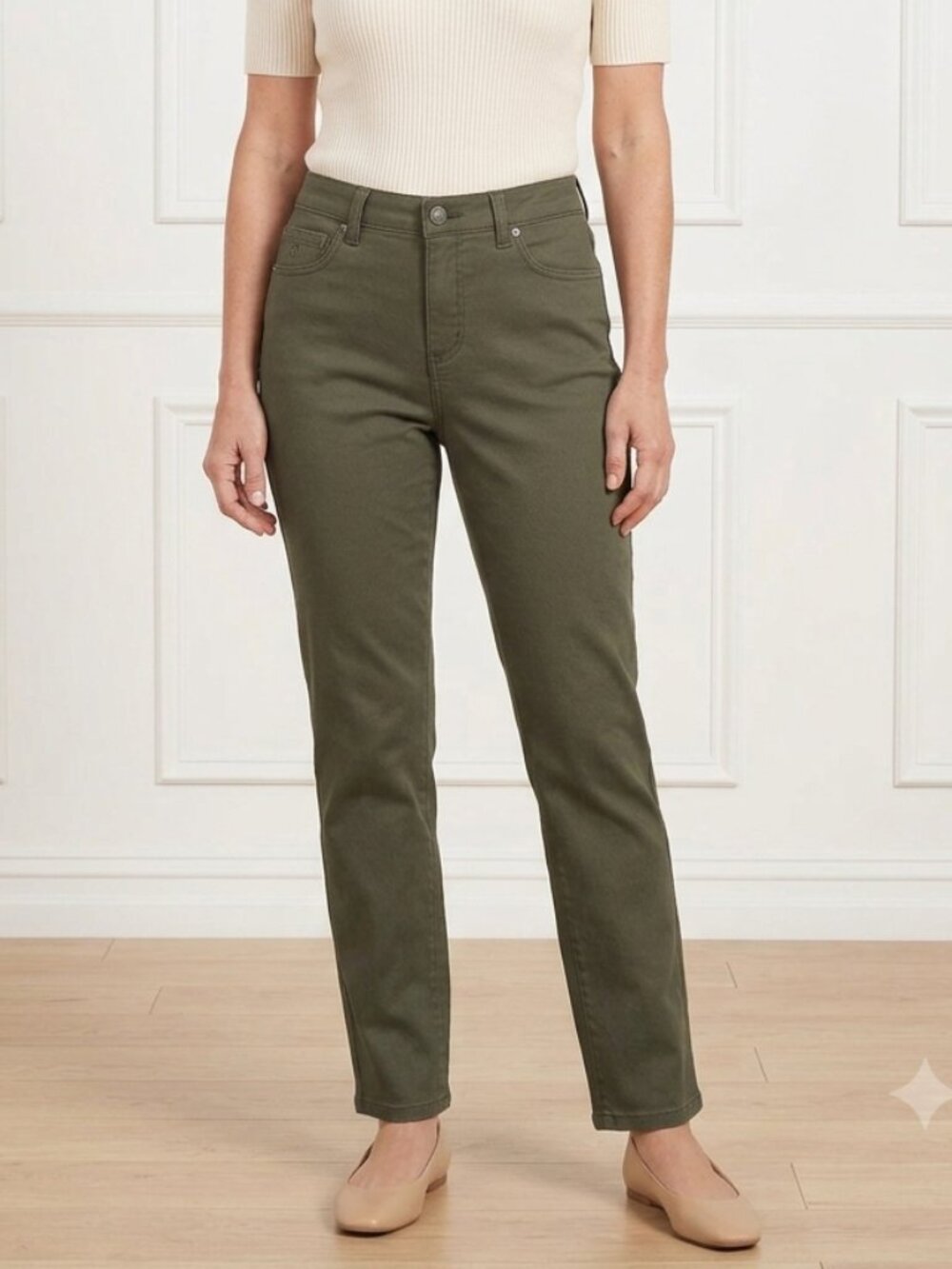 Gloria Vanderbilt Amanda Straight Leg Pants Olive Green Size 6S Short - Picture 2 of 5